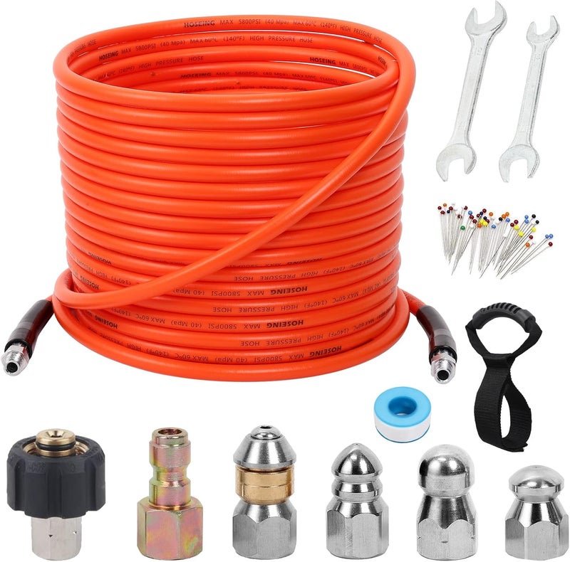 HOSEING 70FT Pressure Washer Sewer Jetter Kit, 5800 PSI Water Jet Drain Cleaner Hose with Corner Rotating Button Nose Nozzle, 1/4 Inch NPT, Sewer Jetter Nozzles Kit with Spanner Handle Strap - Image 1